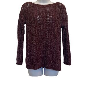 LOFT Burgundy White Marled‎ Loose Weave Pullover Sweater Small Petite Cozy Comfy